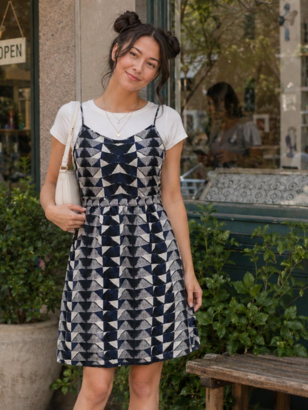 Madewell Silk Dress, Blue, Black, White Geo Print, Sz 0, Sundress w/ Pockets!